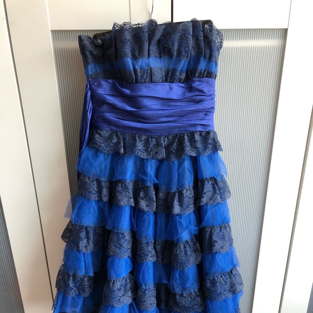 Blue and Black Tiered Lace Strapless Dress